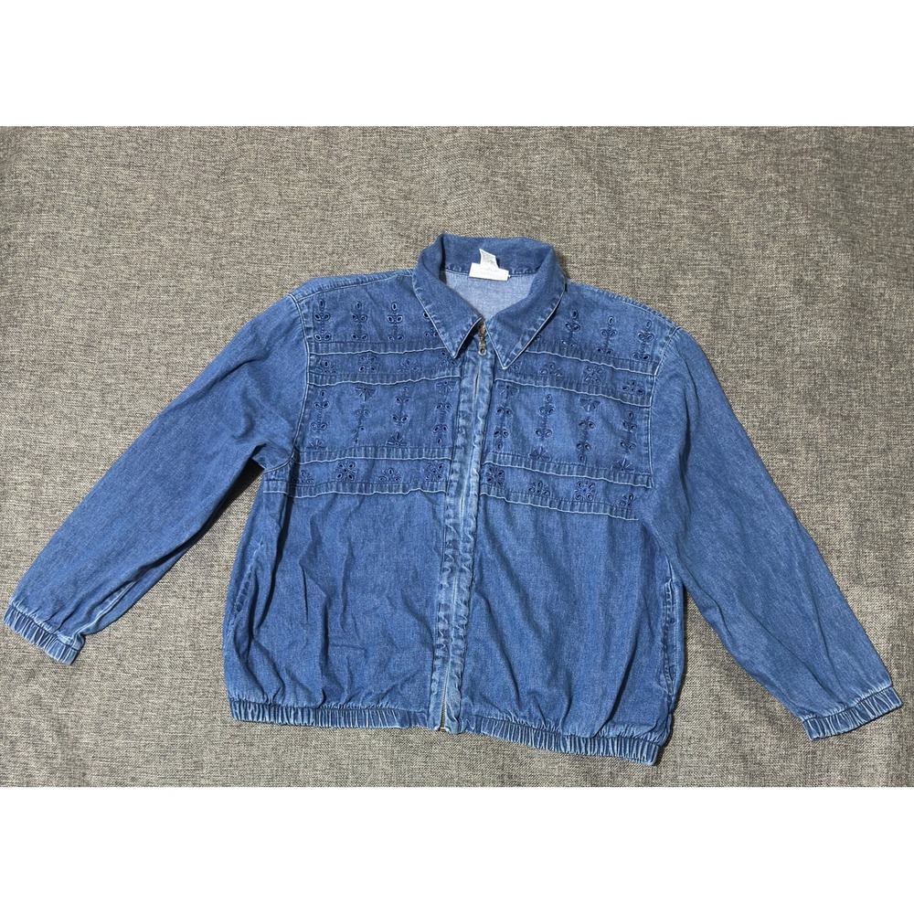 Alfred Dunner Womens 14 Denim Jacket Blue Eyelet Embroidered Zip Up Cotton